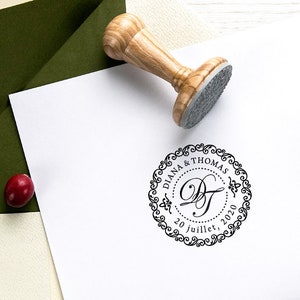 Benutzerdefinierte Hochzeit erste Stempel, personalisierte Hochzeit speichern das Datum Stamper, Monogramm Zeichen Design, zwei Buchstaben dekorative Grenze, Hochzeitsgeschenke