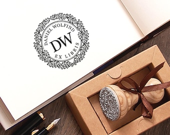 Personalized Ex Libris Stamp, Oak Leaf Wreath, Book Lover Gift
