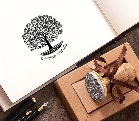 Cherry Blossom Tree Stamp Ex libris Personalized, Blooming Sakura Tree in Little Boat Bookplate, Handmade Booklovers Gifts in Special Box