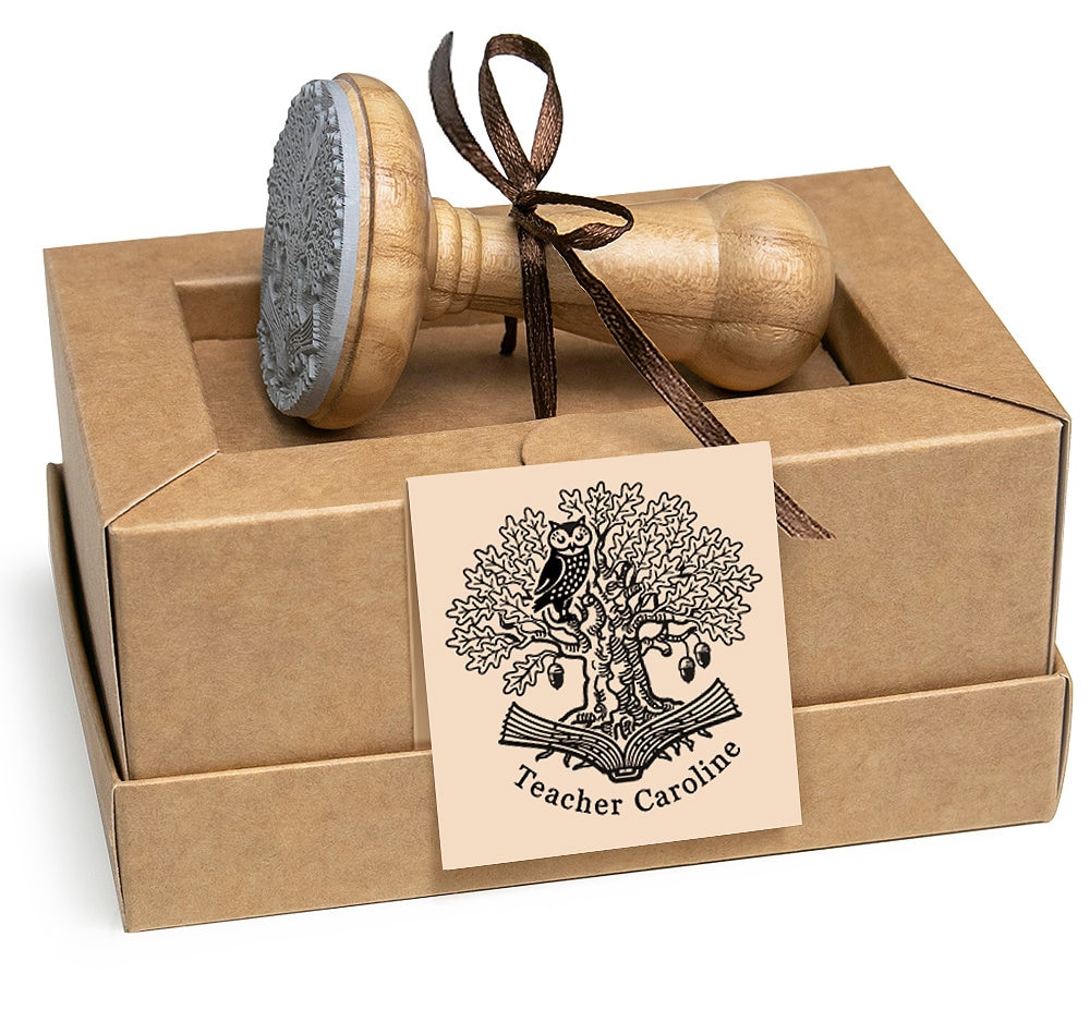 Owl Wise Bird Acorn Old Oak Tree Ex libris Library Stamp Personalized, Gift  Box