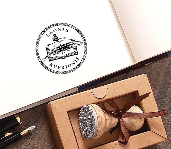 Feather Pen Ink Book Stamp Personalized, Library Sign, Quill Pen Calligraphy Writing Notebook, Handmade Booklovers Gifts in Special Box