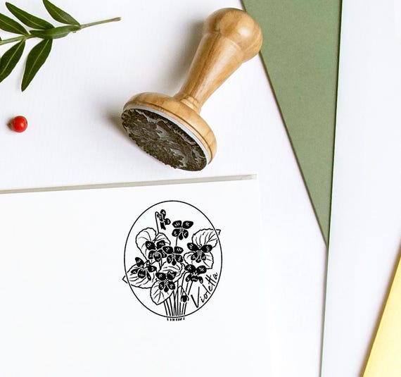 Violet Flowers Rubber Stamp – February Birth Flower – Personalized Floral Illustration
