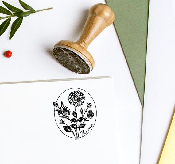 Dahlia Rubber Stamp Personalized, Custom Name Flowers Dalia Bouquet, Handmade Gifts for Women Men in Special Lovely Packaging