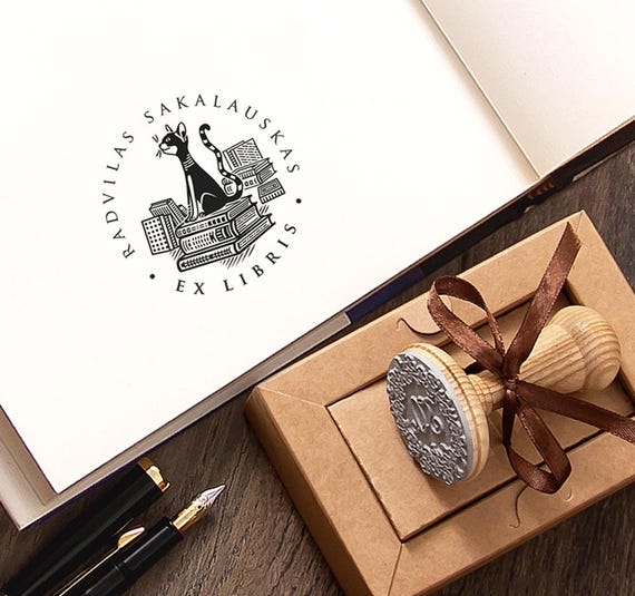 Book Stamp Cat – Ex Libris Personalized – Stack of Books Design – Art Gift in Special Box