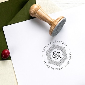 Timbro indirizzo, Monogram Rubber Stamp, Honeycomb Border, Stempel Adresse, Family Stamper, Confezione regalo Kraft originale imballata