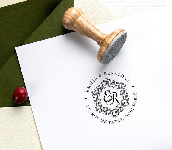 Address Stamp, Monogram Rubber Stamp, Honeycomb Border, Stempel Adresse, Family Stamper, Packed Original Kraft Gift Box