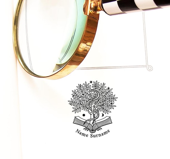 Snake Book Stamp Personalized, Sun Moon World Tree, Art Gift, Special Box