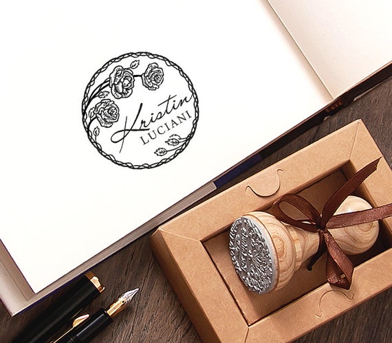 Rose Stamp, Roses Wreath Custom Stamper, Bookplate Roses, Flowers Rubber Stamp, Kraft Gift Box