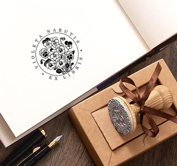Pansies Ex libris Personalized, Book Stamp Violet Flowers, Art Gift, Special Box