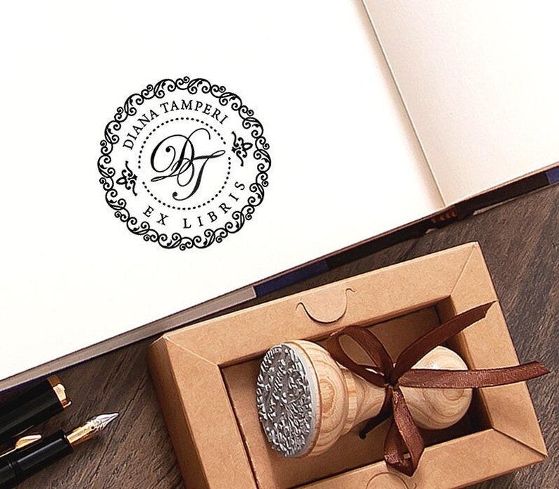 2 Letter Monogram Stamp Ex libris, Elegant Name Initials Ornate Border, Bookplate Personalized, Handmade Bookish Gifts in Special Box Wood Stamp (only)