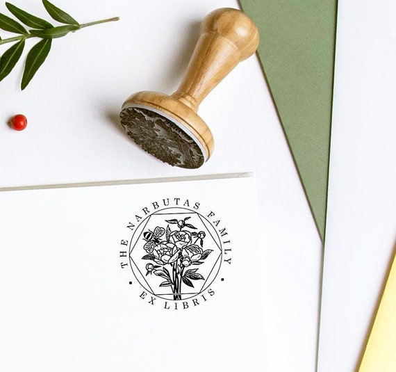 Ex libris Bee, Peony Flowers, Book Stamp Personalized, Handmade Art Gifts in Special Packaging