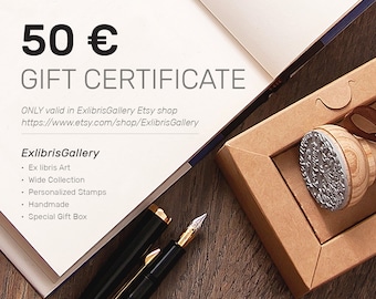 Gift Certificate for 50 EUR to Redeem in Etsy shop ExlibrisGallery, E Gift Certificate, Printable Gift Cards, the Perfect Last Minute Gifts