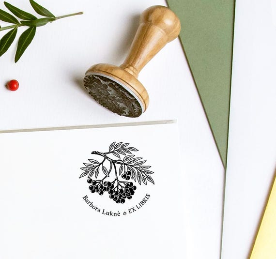 Personalized Ex Libris Book Stamp – Rowan Tree Berries Illustration – Custom Name Stamp