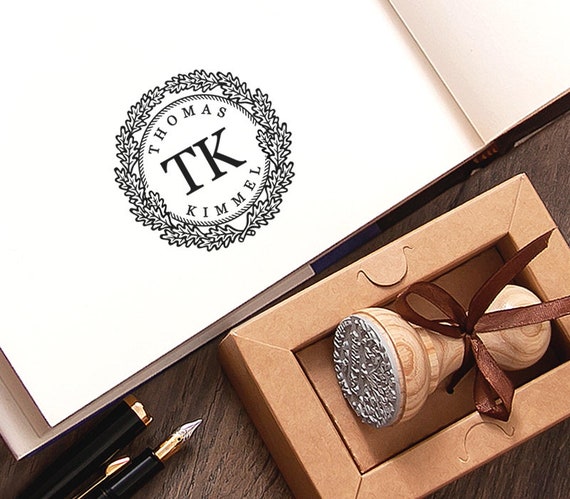 Custom Stamp, Oak Leaves Wreath Rubber Stamp, Initials Stamp Monogram, Bookplate stamp, Original Kraft Gift Box