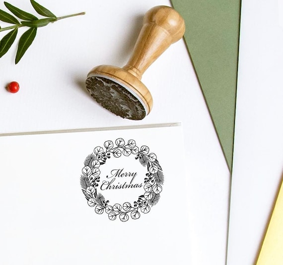 Merry Christmas Wreath Rubber Stamp, Holly Berries Eucalyptus Spruce Pine Branch, Xmas Gifts Decorations Wooden Stamp