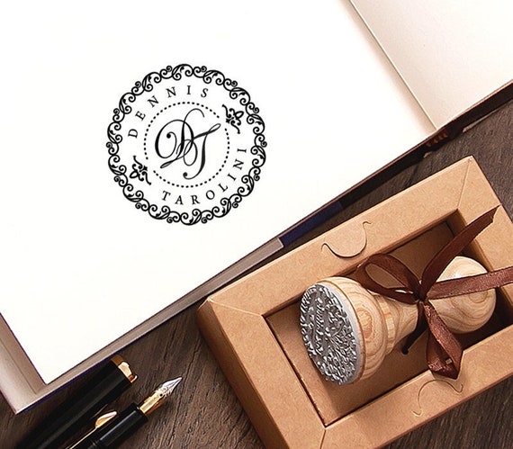 Personalized Monogram Stamp, 2 Intertwined Initials Decorative Border, Personal Name Logo Stamper, Unique Handmade Gifts in Special Box