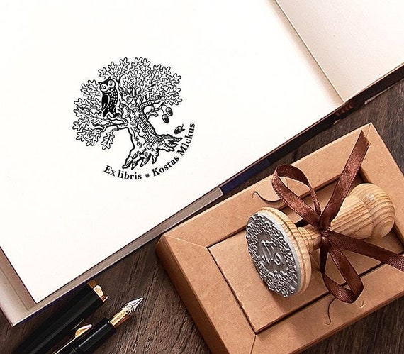 Cute Owl Stamp, Old Oak Tree Wise Bird Library Ex libris, Acorns Book Sign, Aesthetic Personalized Gifts in Special Box