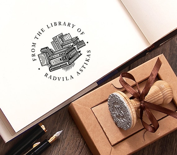 Book Stamp, Pile of Books, Ex libris Stacked Books, Library Stamp, Custom Bookplate, Booklovers Gift, Special Box