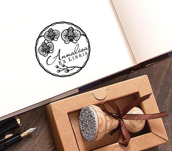 Orchid Ex libris Stamp, Wreath Bookplate, Personalized Handmade Gifts in Special Lovely Packaging