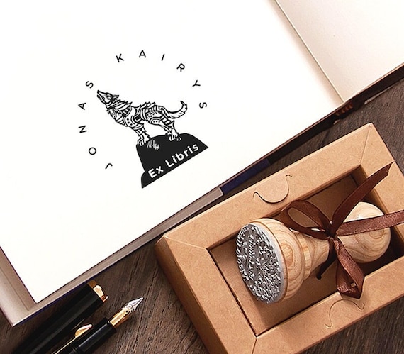 Wolf Book Stamp Ex libris Personalized, Howling Wolf Stands Alone Hill Library Bookplates, Handmade Booklovers Gifts in Special Box