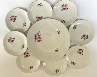 Vintage lovely found BAVARIA Cake Serving Platesset decorate with pink purple flowers 9 pieces, made in Germany.