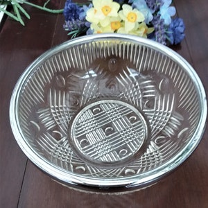 Cut glass fruit bowl, glass dish with metal rim, Celtic design serving dish, fruit server. Cross hatch cut glass, pressed glass.