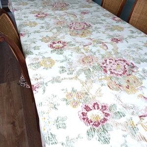 Large tablecloth, Vintage Floral Cotton Table cover: Handmade Pastel Colors, 12 ft long.