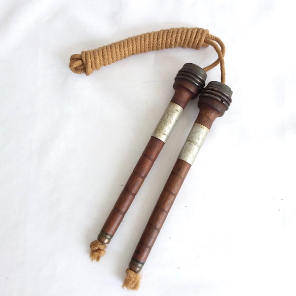 Skipping rope, made with wooden bobbins, Bobbin skipping rope, old Cotton Mill weaving bobbins with original jute rope, from 1900's