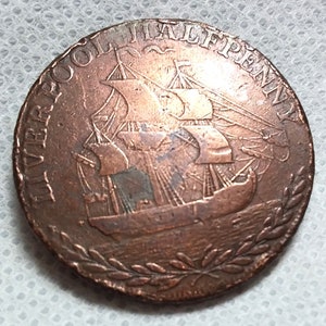 Liverpool halfpenny 1791, antique token, pay at the Warehouse of Thomas Clarke.  Rare coin.