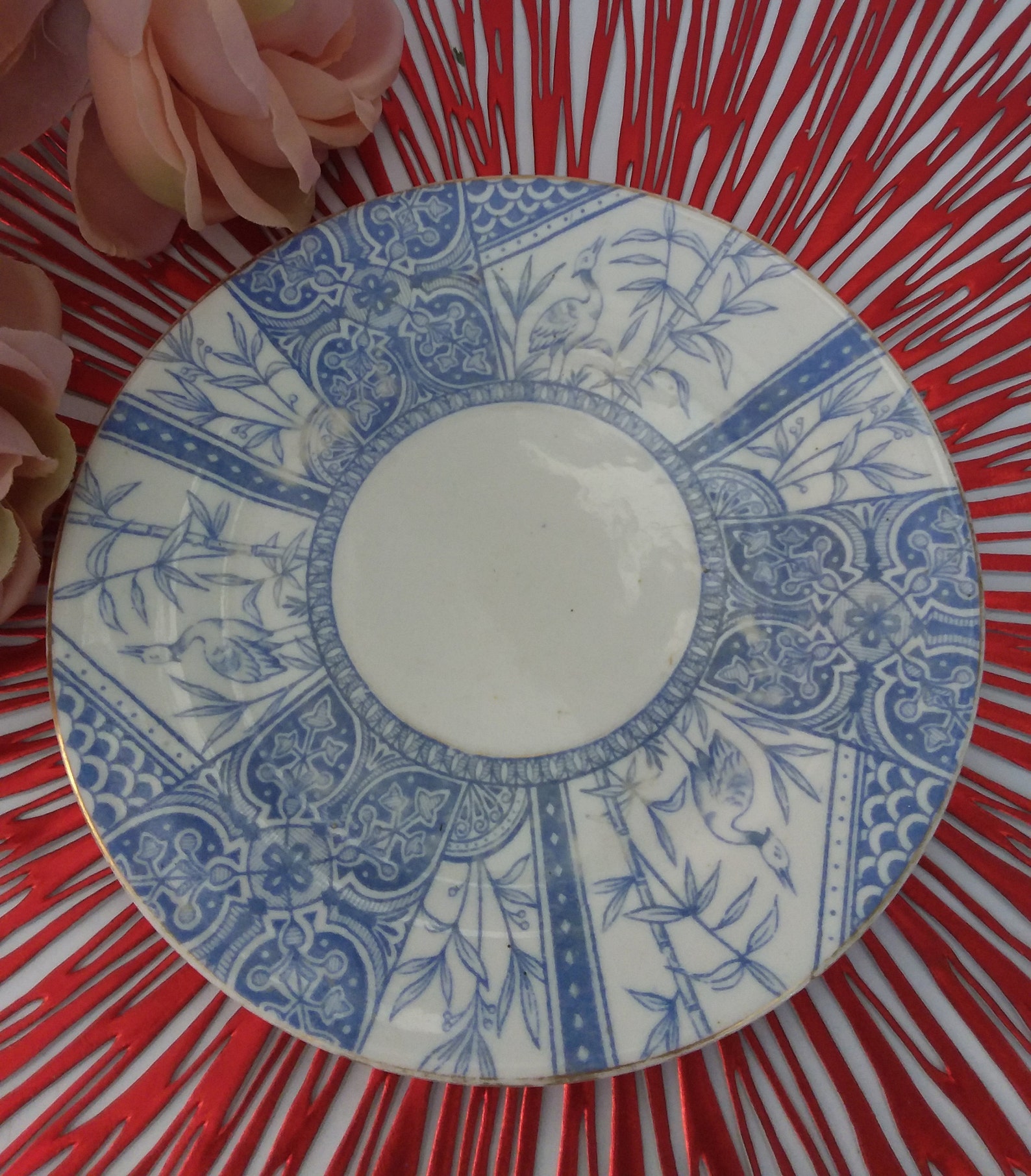 Blue china plate antique Davenport stork and bamboo | Etsy