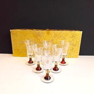 May include: Set of six clear glass cordial glasses with etched floral designs. Each glass has a brown stem and a white base. The glasses are arranged in front of a gold box with a floral pattern.