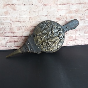 Bellows, fire bellows, vintage brass, wood and leather Dutch made large ornate bellows.