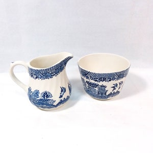 Willow pattern sugar bowl and cream jug, milk jug. by Barratts of Staffordshire 3.5&quot; jug.