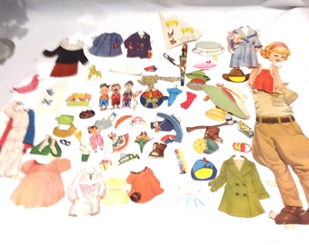 Vintage paper cut out clothes and accessories for card dolls, hats bags toys and much more 60 pieces.
