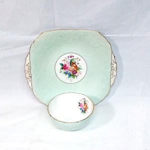 Coalport china cake plate and sugar bowl. Sevres Coalport grey/green glaze with floral design 9719