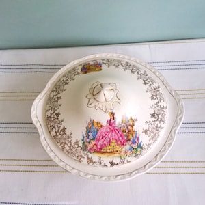 Weatherby Hanley Falcon Ware Crinoline lady, pink dress, lidded serving dish, gold trim, china floral design 7042. RARE