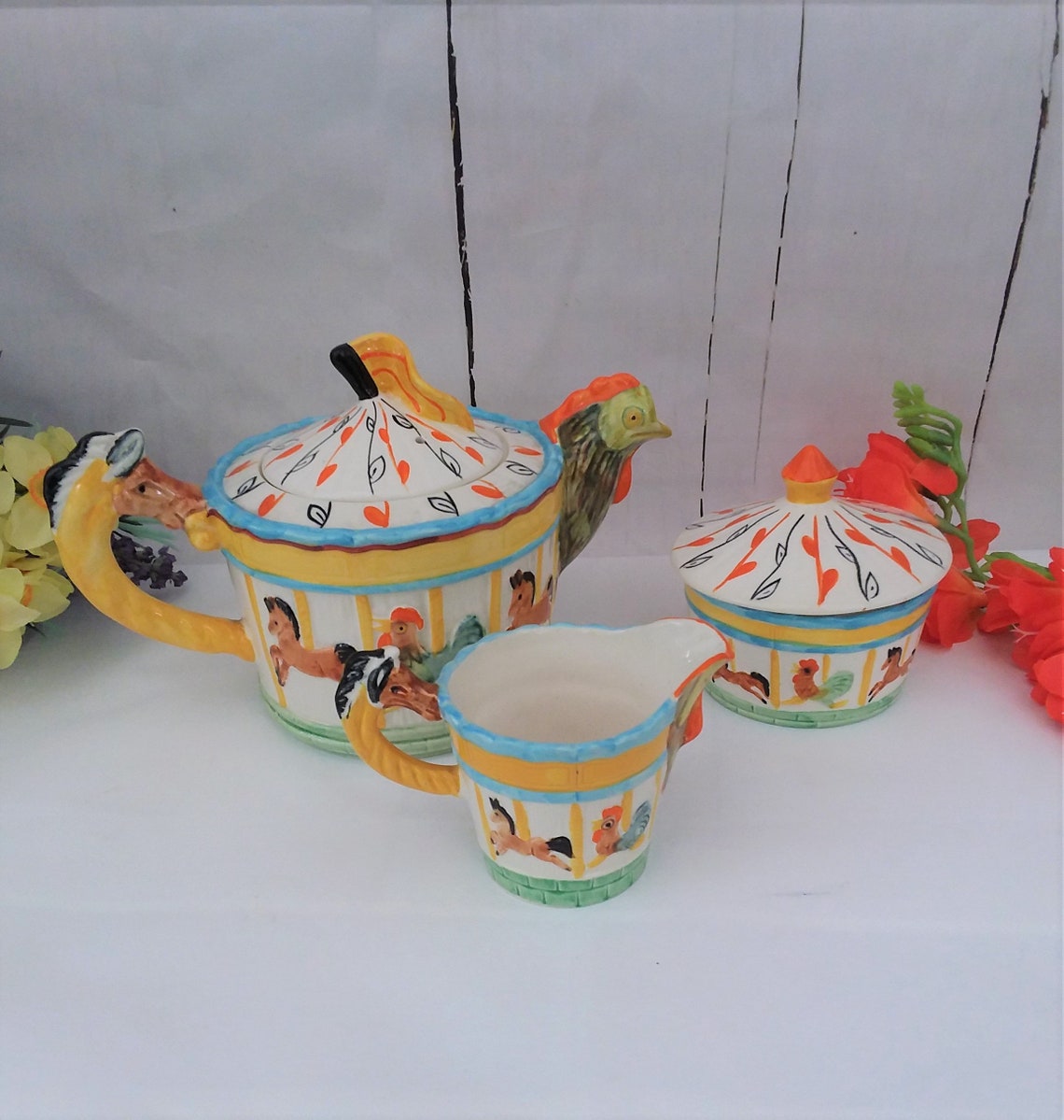Melba ware Merry Go Round teapot sugar bowl and milk jug. Etsy