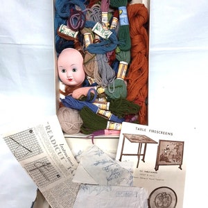 Tapestry needlepoint set, Penelope needlework tapestry, box of wool and patterns from the 1950s. Series J52
