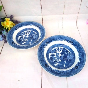 Blue Willow pattern soup plates, 2 x large blue and white Victoria porcelain Fenton England, large serving plates