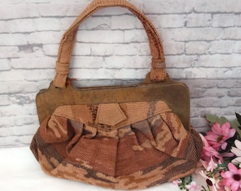 Carpet style handbag, made in England, brown cloth bag, old purse bag, handbag with wooden closure.