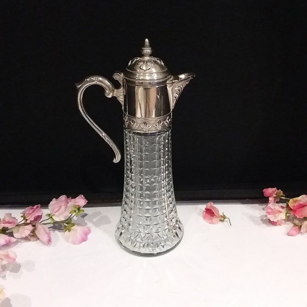 Claret jug, silver plated Italian faceted glass decanter, pressed glass with a lovely patterned detail to lid, neck and handle.