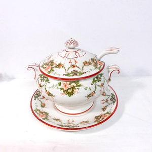 Compote set with spoon, Antique Ridgway lidded pot, set includes, pot, lid, saucer and ladle, porcelain floral design small tureen.