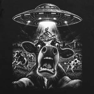 May include: A black t-shirt featuring a graphic print of a cow with a wide-open mouth wearing a foil hat while being abducted by a flying saucer. The design includes additional cows in a field under a night sky with a farm in the background.