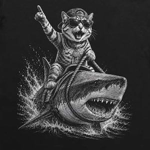 Può includere: Una t-shirt nera con un'illustrazione grafica di un gatto che indossa occhiali da sole e un berretto, a cavallo di uno squalo mentre punta verso l'alto. Il design include ombreggiature dettagliate, spruzzi d'acqua e una testa di squalo sullo sfondo.