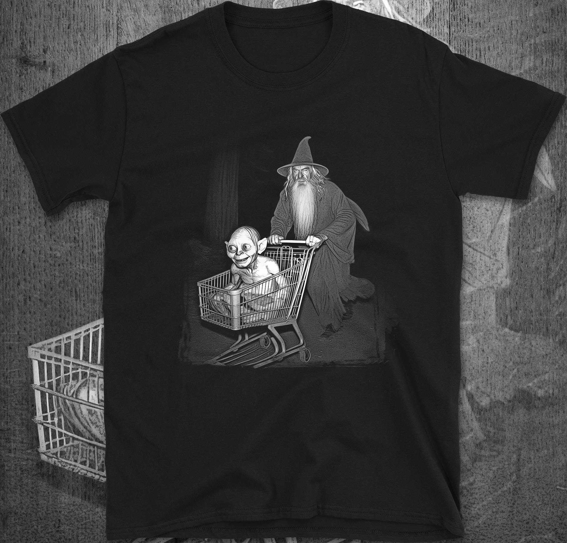 Wizard and Goblin Adventures Shopping Cart at Night Funny Graphic T-Shirt