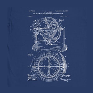 May include: A black and white line drawing of a patent for a Stellar Compass and Great Circle Course Projector. The patent number is 703,139 and the date is June 24, 1902. The drawing shows a detailed illustration of the device, including a compass and a sphere.
