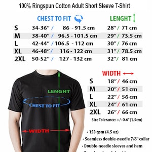 May include: Size chart for a short-sleeved t-shirt made of 100% ringspun cotton. The chart shows measurements for chest, length, and width in inches and centimeters for sizes S, M, L, XL, and 2XL. The chart also includes details about the t-shirt's construction, such as the type of collar and stitching.
