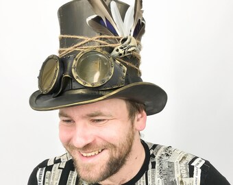 Steampunk golden hat Hat with feathers Hat cylinders for Halloween Golden hat for cosplay costume Steampunk hat with goggles Cosplay custom