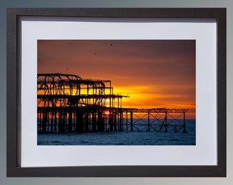 Brighton West Pier Sunset Print - Sussex Seascape Starling Murmurations - Wall Hanging Art Decor