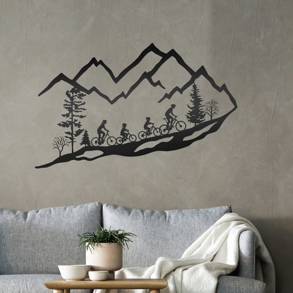 Metal Wall Art, Mountain, Bike, Trees, Mountain Bike, Family, Boy, Girl, MTB, Black, Bike Wall Art, Bicycle, Decor